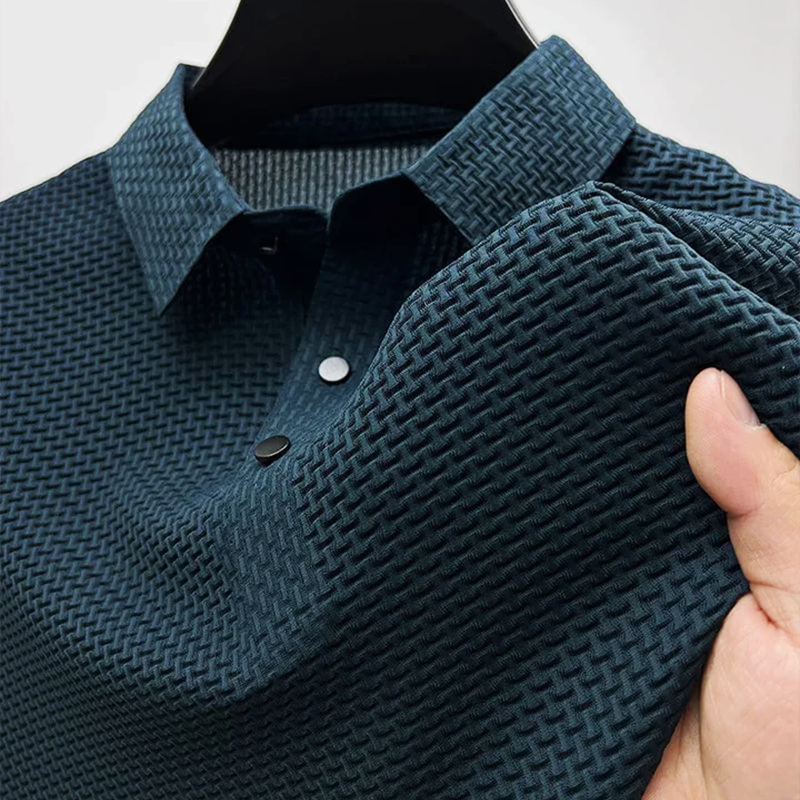Men's Textured Short Sleeve Polo Shirt with Modern Button Detail