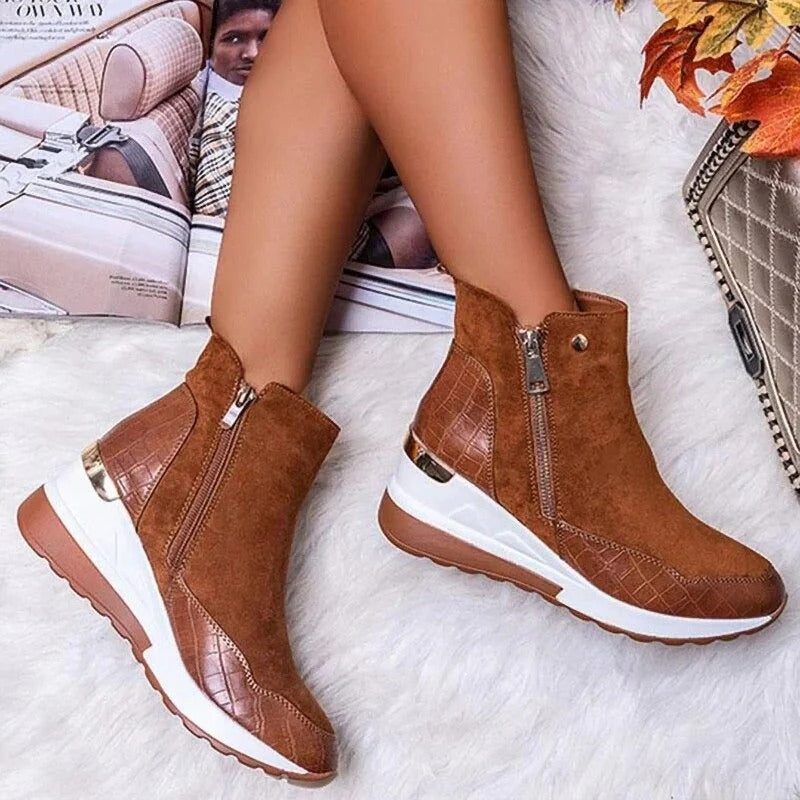 Women’s Mid-Height Wedge Ankle Boots with Side Zipper and Gold Trim