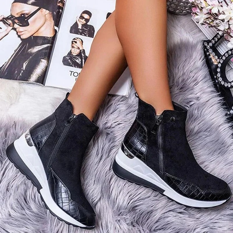 Women’s Mid-Height Wedge Ankle Boots with Side Zipper and Gold Trim