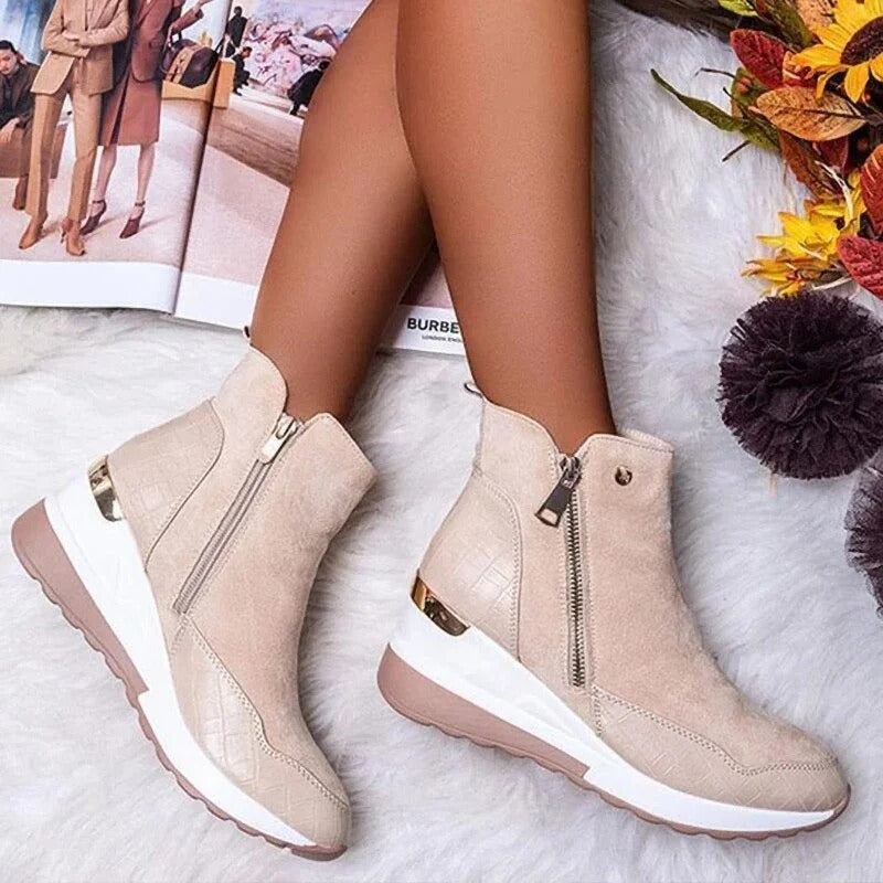Women’s Mid-Height Wedge Ankle Boots with Side Zipper and Gold Trim