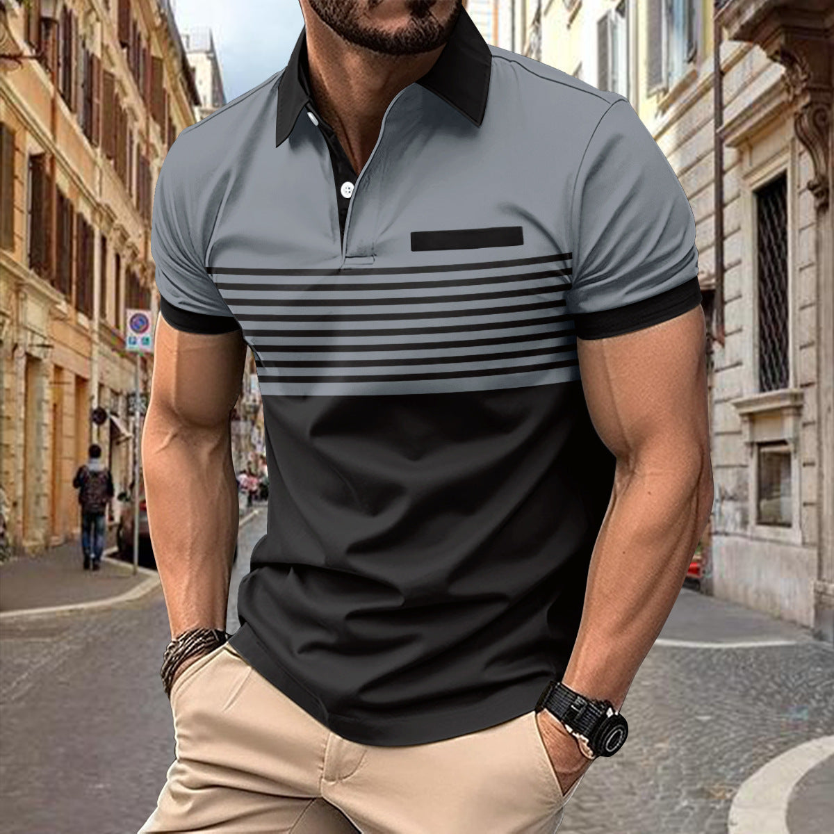 Men's Slim Fit Short Sleeve Polo Shirt with Striped Colorblock Design