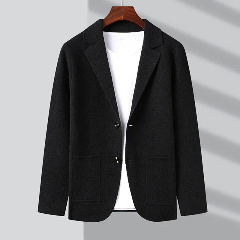 Men's Blazer-Style Cardigan with Lapel Collar and Patch Pockets