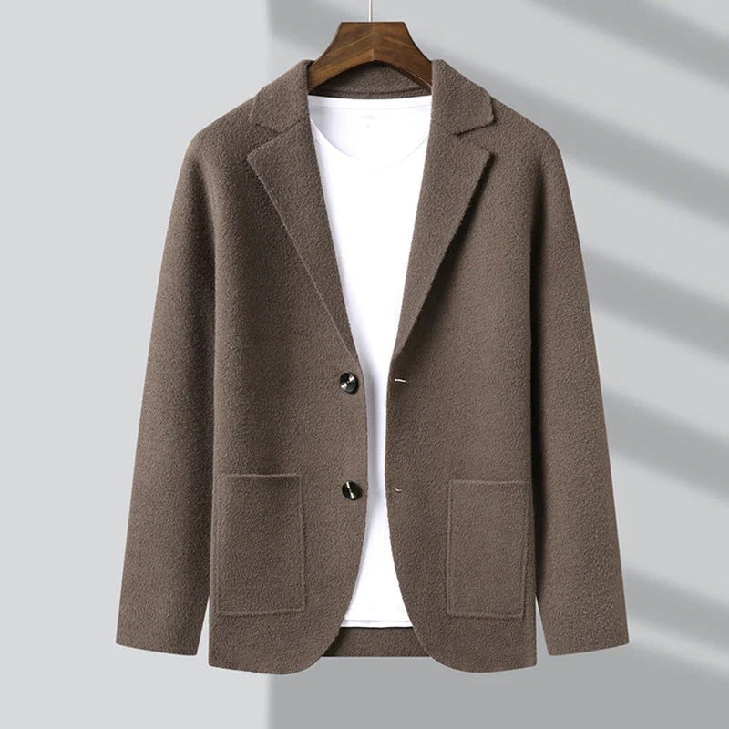 Men's Blazer-Style Cardigan with Lapel Collar and Patch Pockets