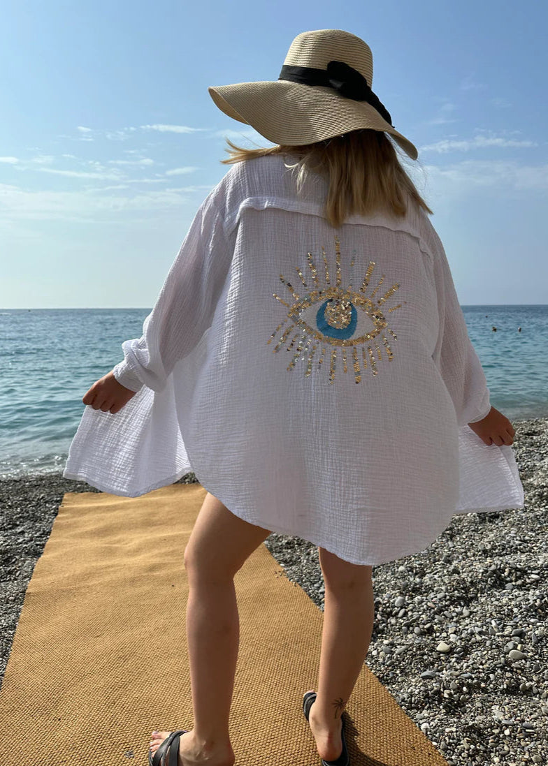 Women's Oversized Long-Sleeve Shirt with Embroidered Back Detail