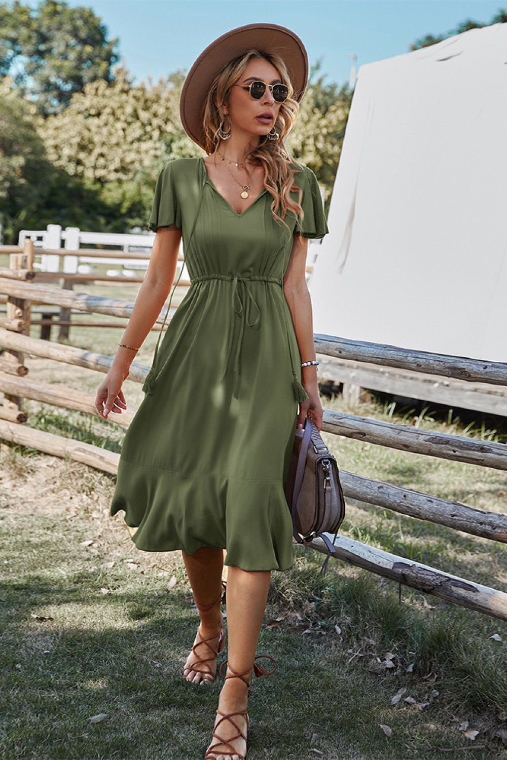 Women's Short Sleeve Midi Dress with Drawstring Waist Detail