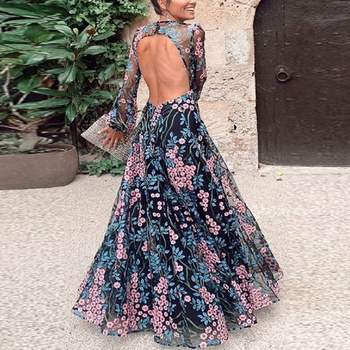 Women's Vintage Floral Maxi Dress with Open Back and Long Sleeves
