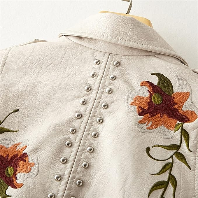 Women's Leather Jacket With Embroidery And Studs