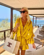 Women's Yellow Puff-Sleeve Mini Dress with Ombre Print