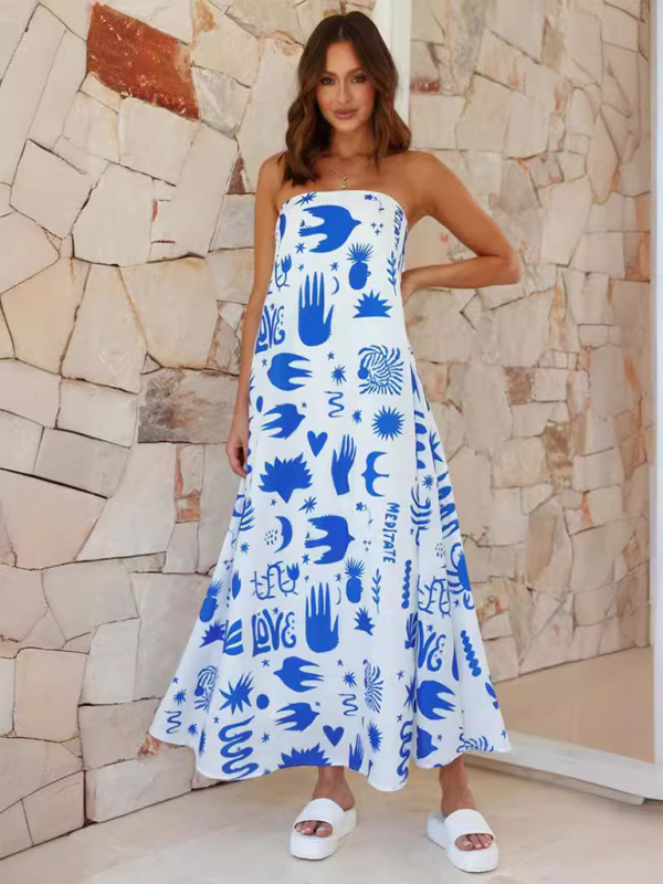 Women's Tropical Print Strapless Maxi Dress with Flowy Design