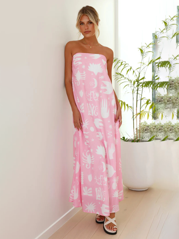 Women's Tropical Print Strapless Maxi Dress with Flowy Design