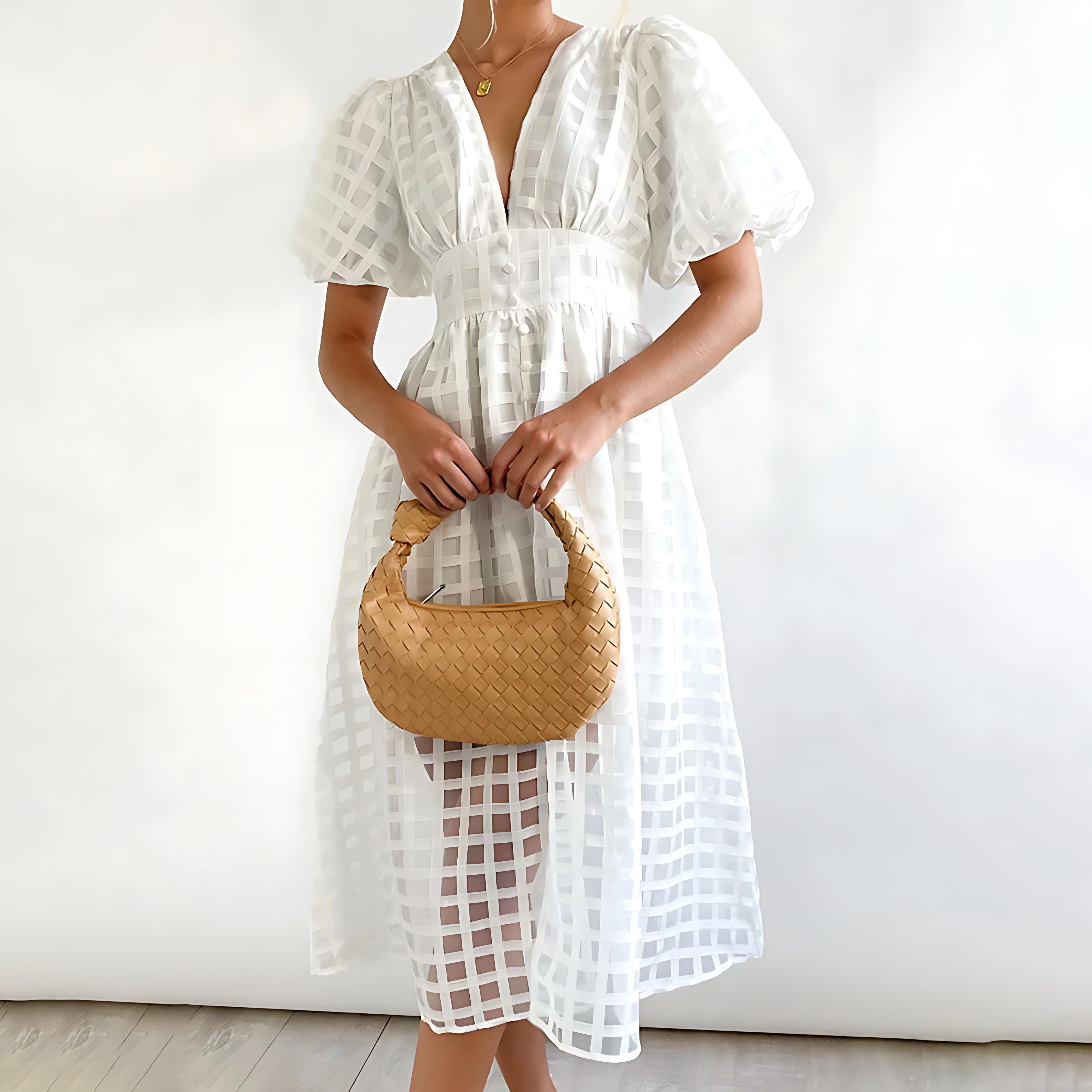 Women's Maxi Dress with Sheer Grid Overlay and Puff Sleeves