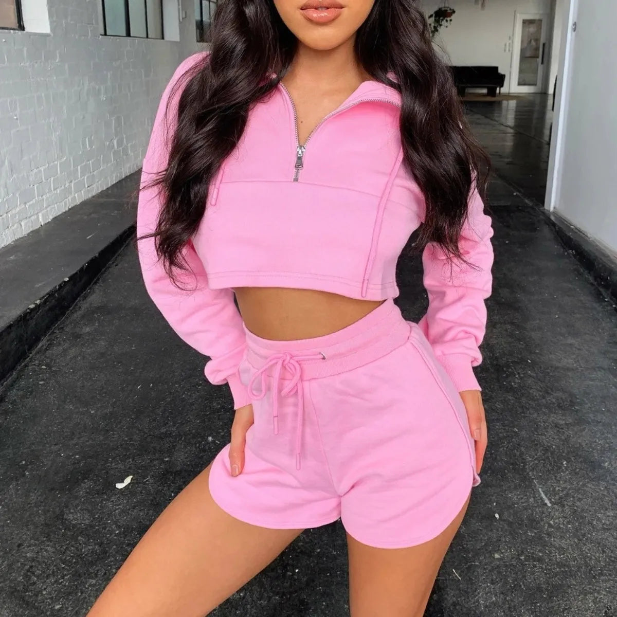 Women's Summer Jogger Set with Cropped Zip-Up Hoodie and Shorts