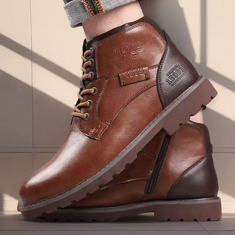 Men’s Lace-Up Ankle Boots with Side Zipper and Rugged Sole Design