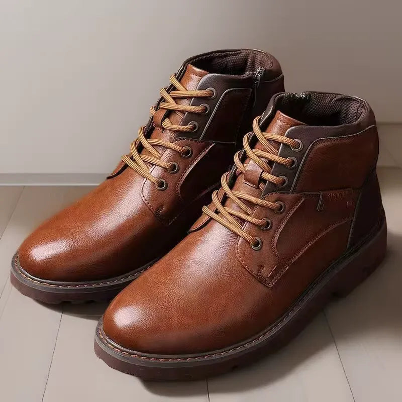 Men’s Lace-Up Ankle Boots with Side Zipper and Rugged Sole Design