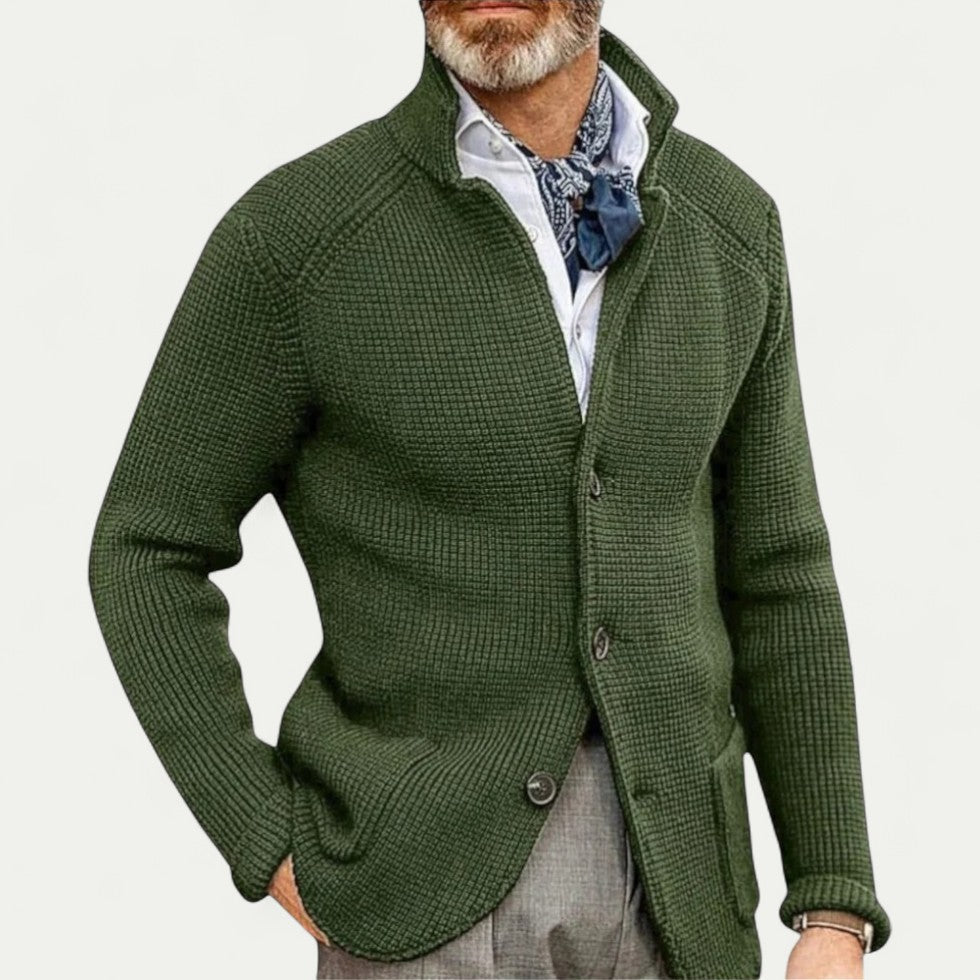 Men's Textured Knit Cardigan with Button Front and Stand Collar