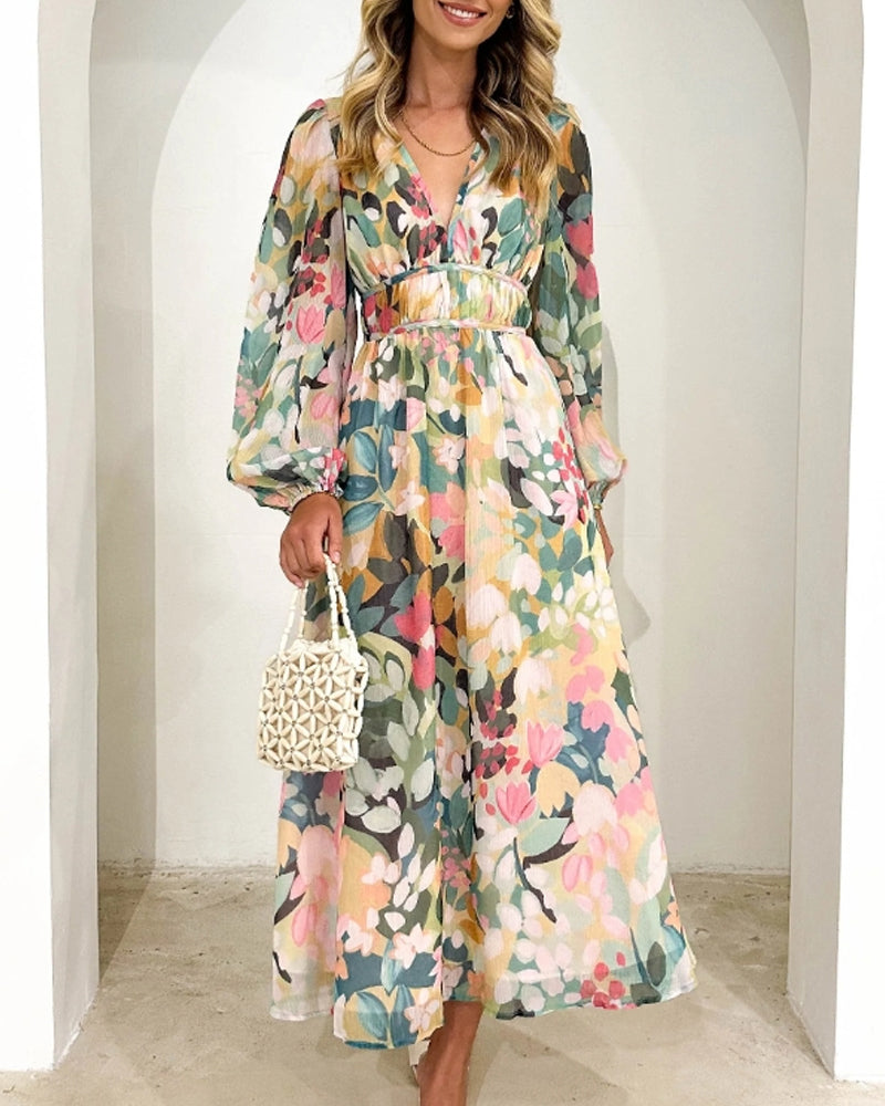 Women's Long-Sleeve Maxi Dress with Floral Print and V-Neck