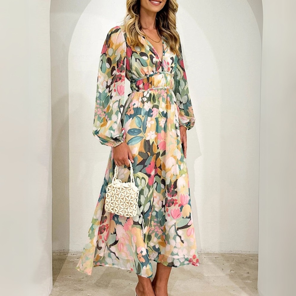 Women's Long-Sleeve Maxi Dress with Floral Print and V-Neck