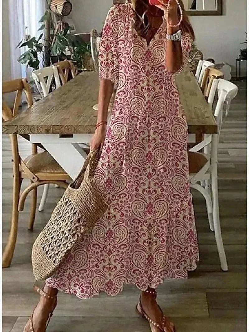 Women's Flowy Floral Long Dress with Sleeves
