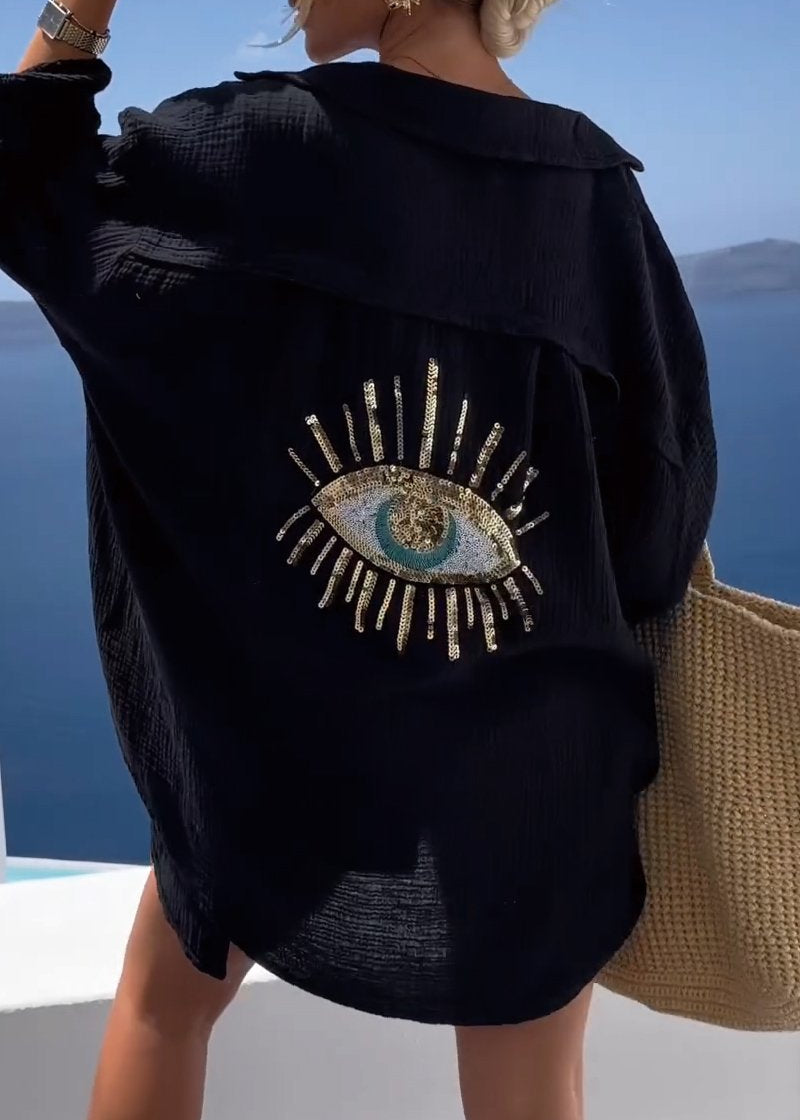 Women's Oversized Long-Sleeve Shirt with Embroidered Back Detail