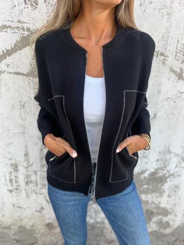 Women's Zip Front Casual Jacket with Round Neck and Side Pockets