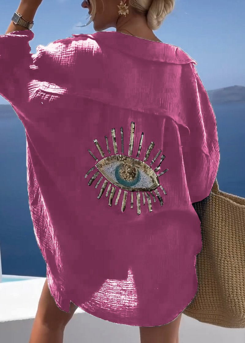 Women's Oversized Long-Sleeve Shirt with Embroidered Back Detail