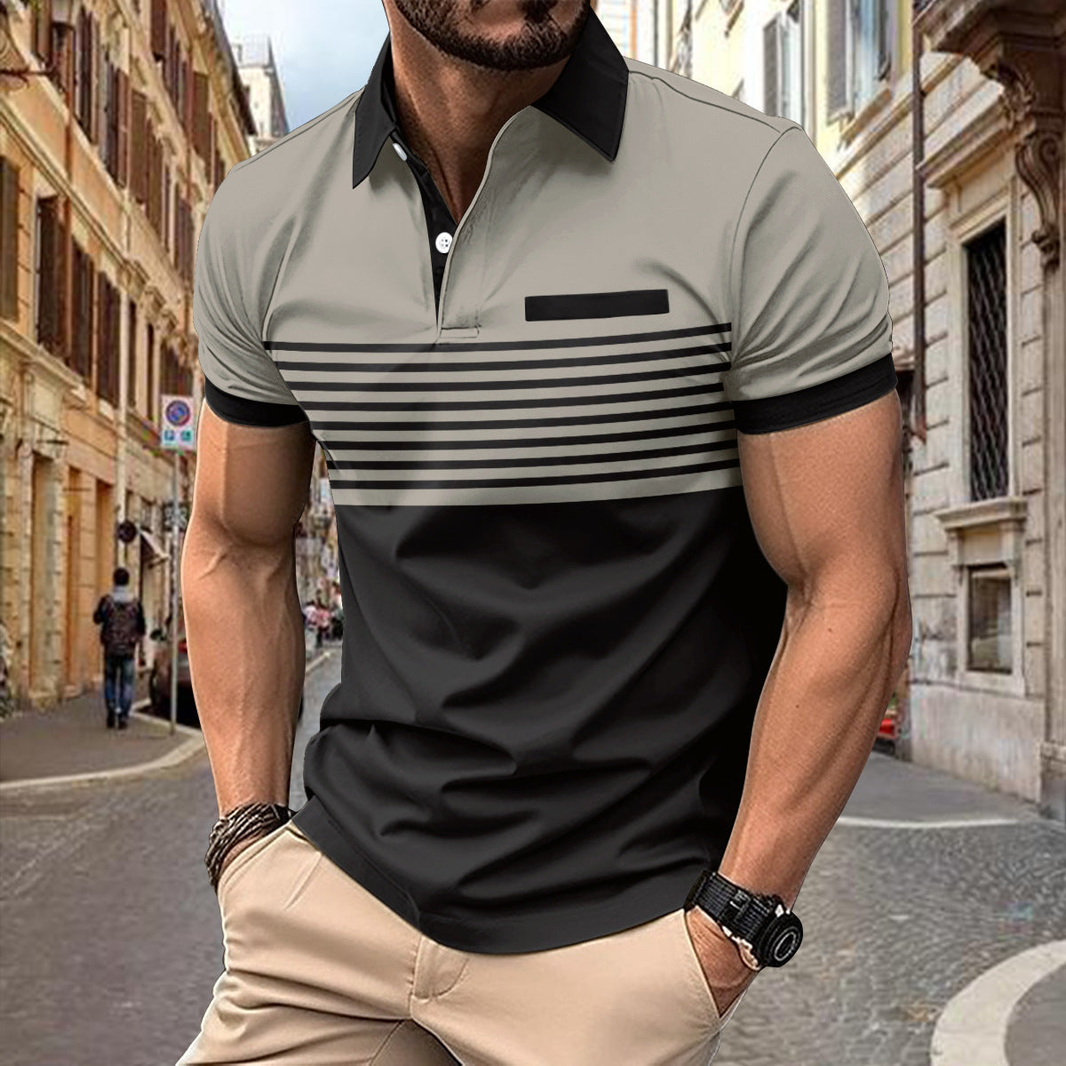Men's Slim Fit Short Sleeve Polo Shirt with Striped Colorblock Design