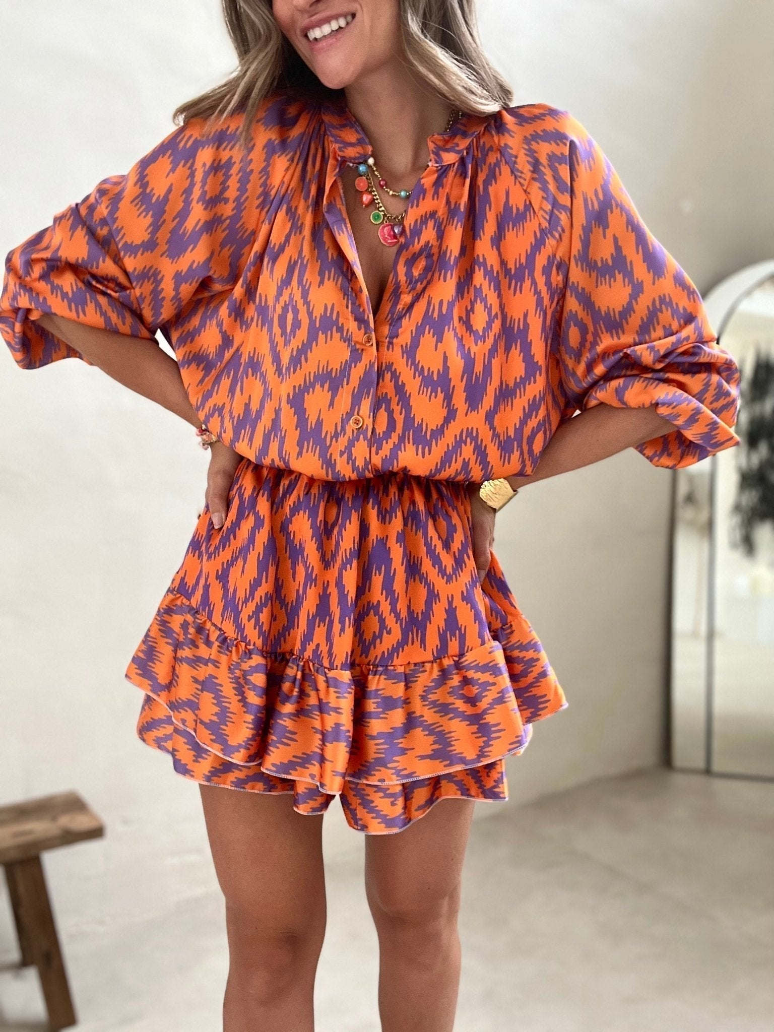 Women's Boho Long Sleeve Jumpsuit with Ruffle Hem and Elastic Waist