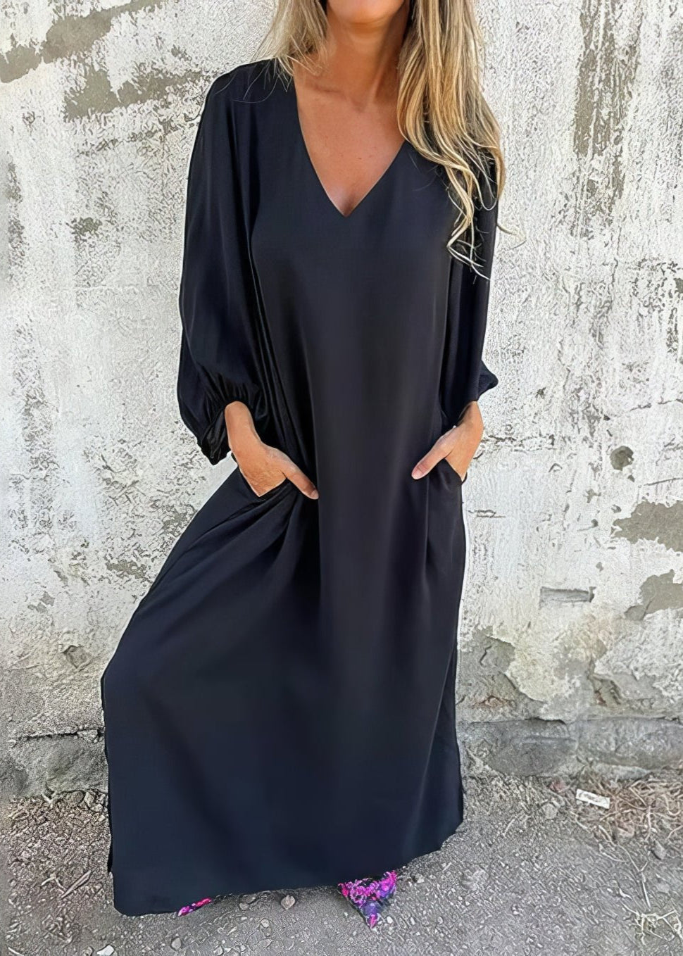 Women's Long Sleeve V-Neck Boho Maxi Dress with Pockets