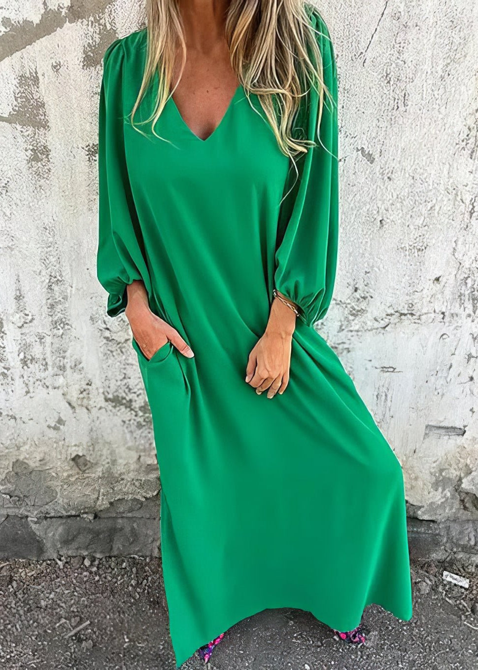 Women's Long Sleeve V-Neck Boho Maxi Dress with Pockets