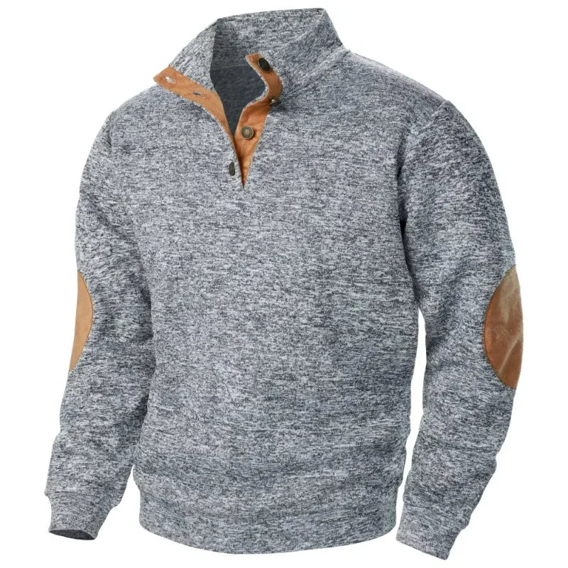 Men’s Button Neck Jumper with Stand Collar and Elbow Patches