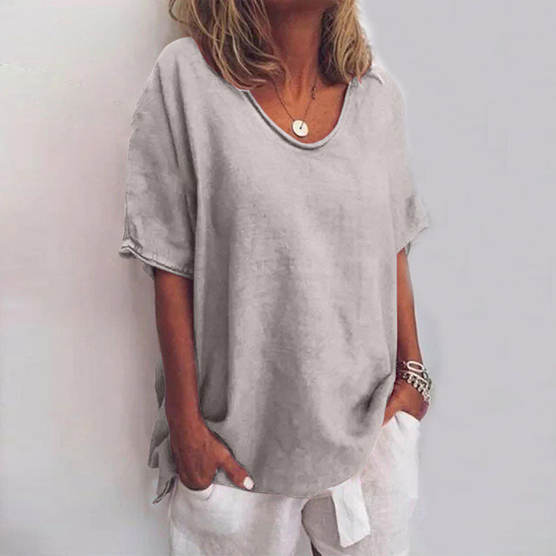 Women’s Relaxed Fit Blouse with Scoop Neck and Rolled Sleeves