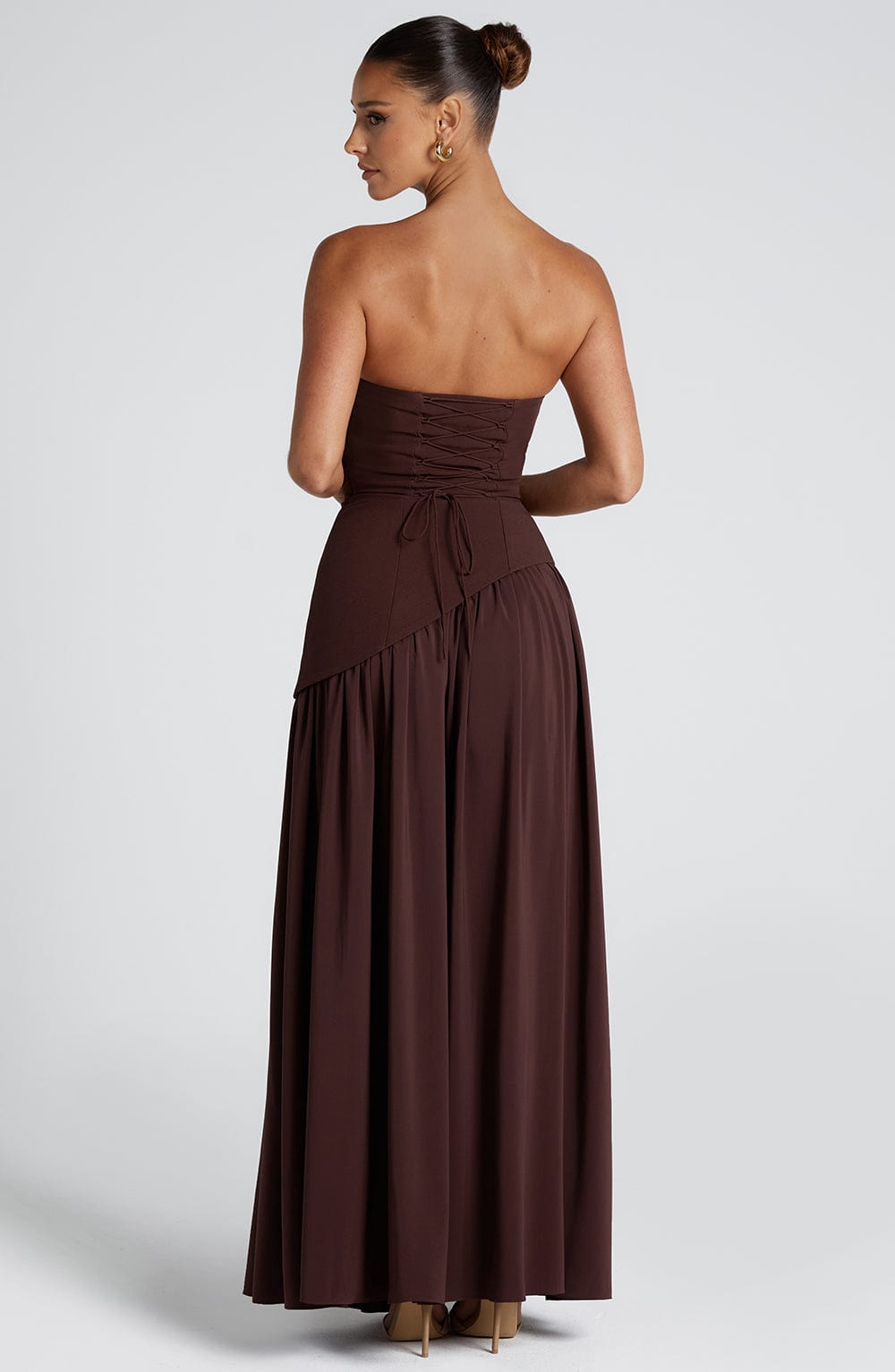 Women's Strapless Maxi Dress with High Slit and Asymmetric Waist