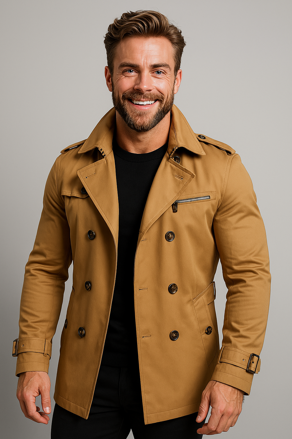 Men's Double-Breasted Trench Coat with Belted Cuffs and Lapels