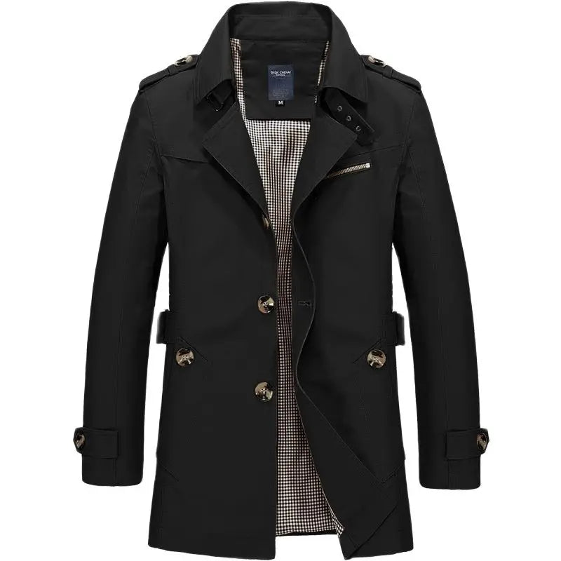 Men's Double-Breasted Trench Coat with Belted Cuffs and Lapels