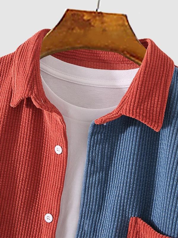 Men's Casual Corduroy Shirt with Long Sleeves and Colorblock Style
