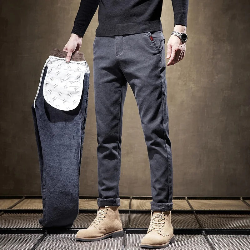 Men's Corduroy Fleece Work Trousers Slim Fit Warm Casual Style