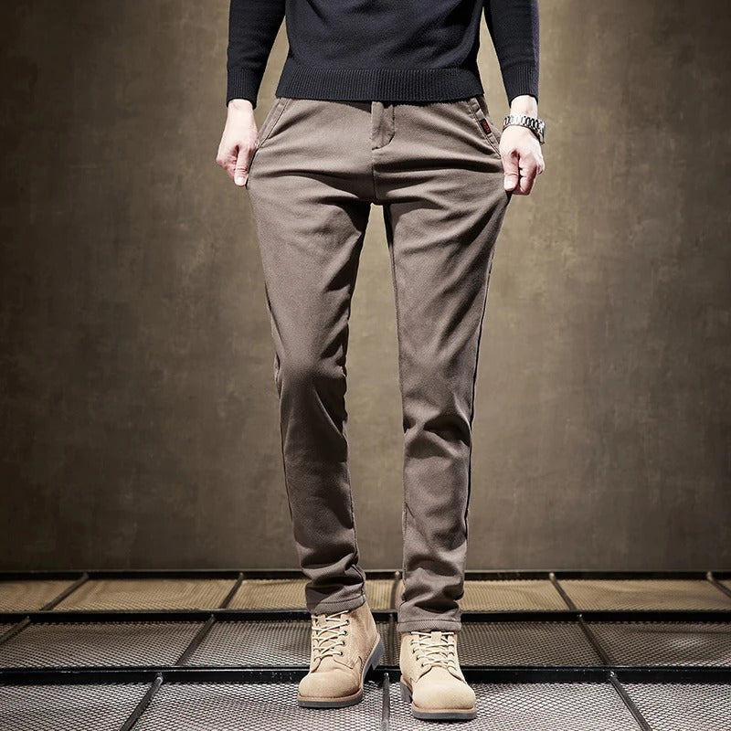 Men's Corduroy Fleece Work Trousers Slim Fit Warm Casual Style