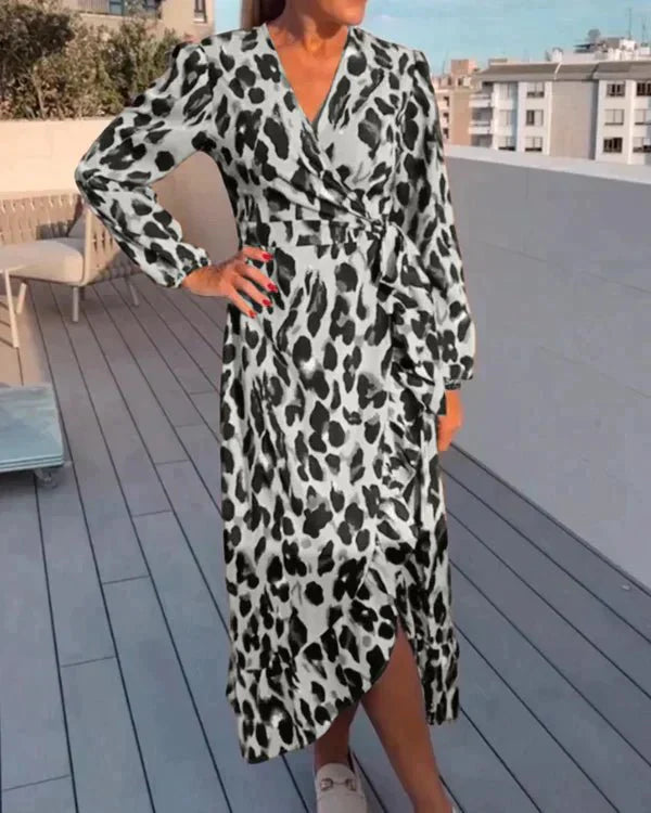 Women's Long Sleeve Wrap Maxi Dress with Leopard Print and Slit