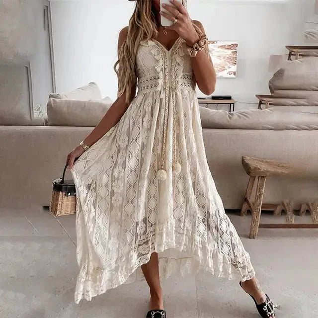 Women's Boho Style Sleeveless V-Neck Maxi Dress with Tassels