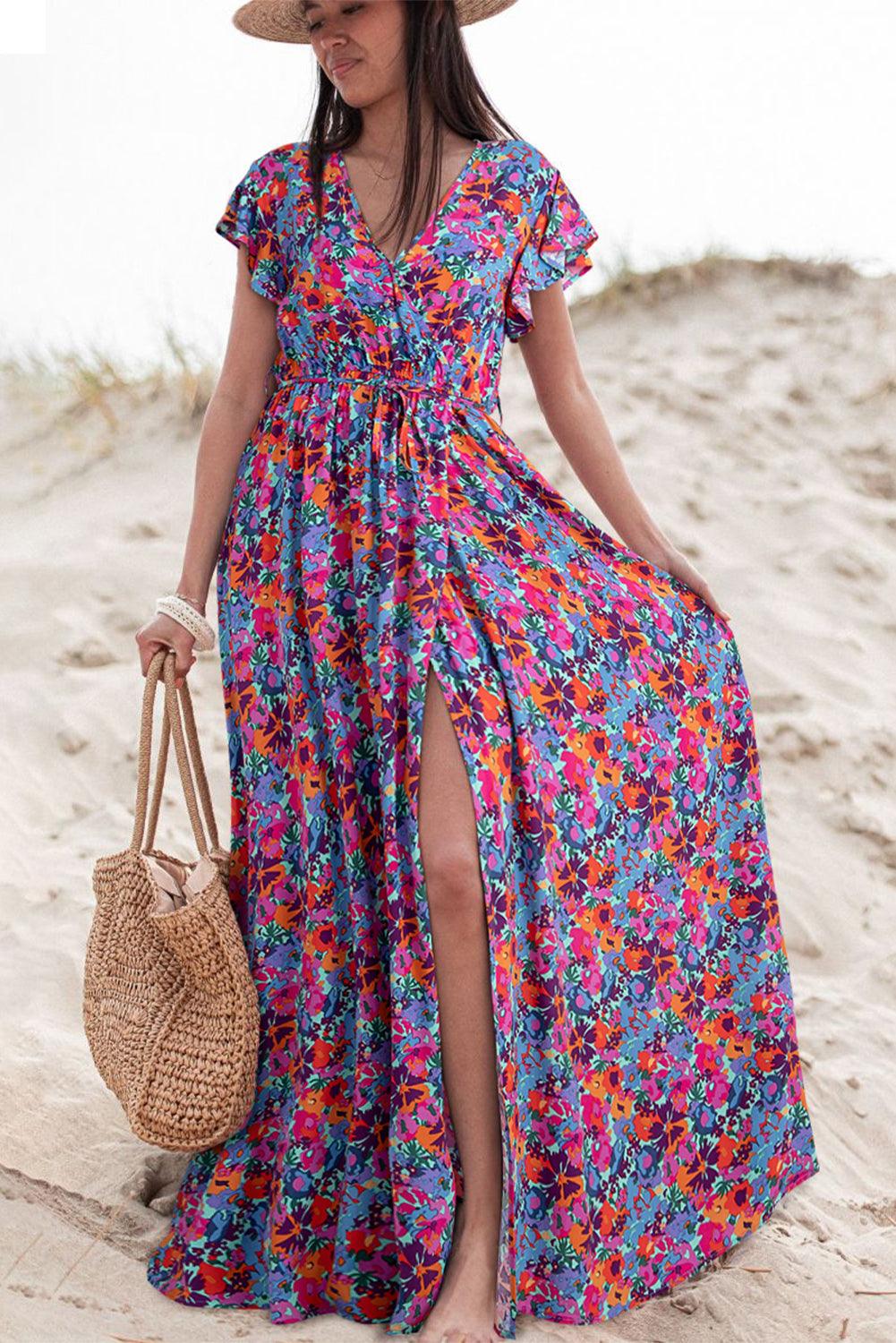 Women’s Floral Maxi Wrap Dress with V-Neck and Flowing Short Sleeves