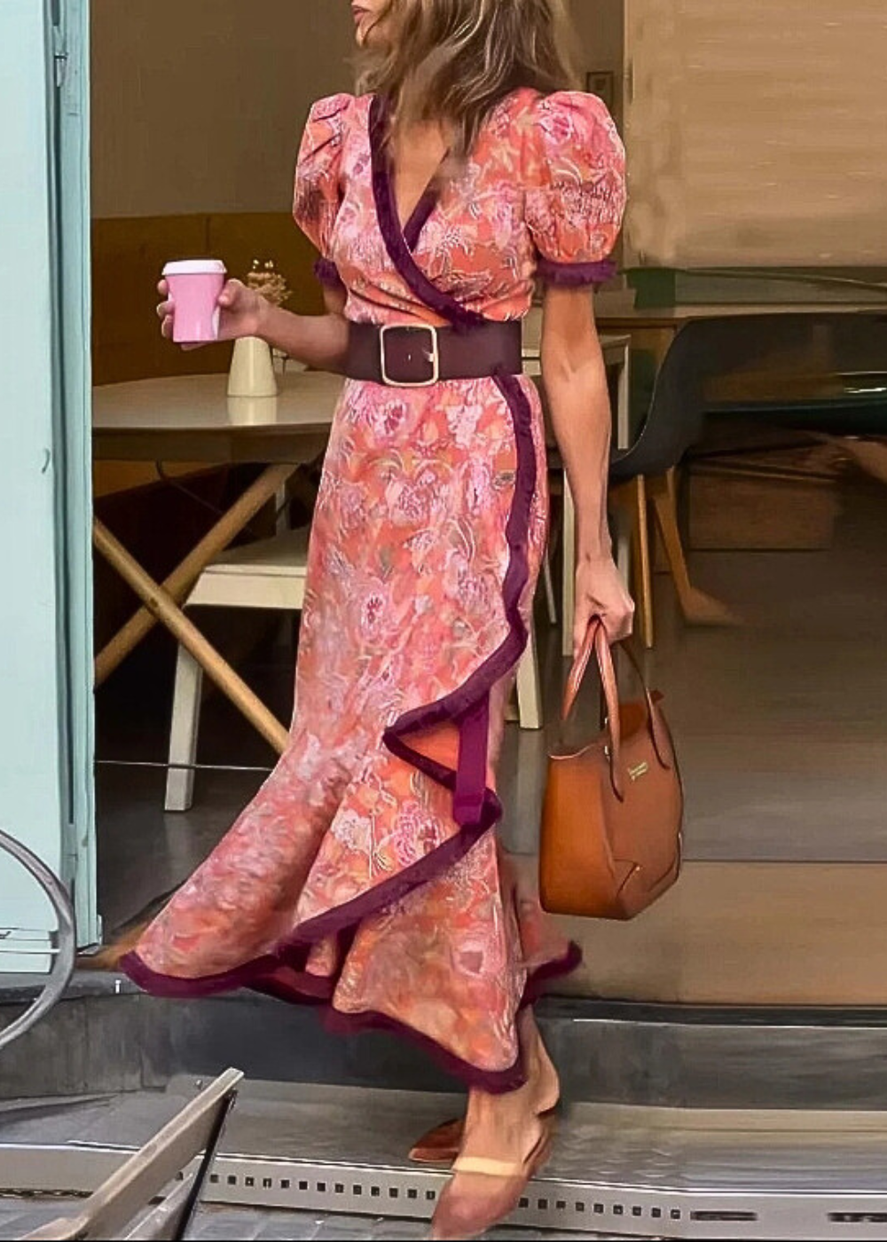 Women's Boho Maxi Wrap Dress with Puff Sleeves and Belted Waist