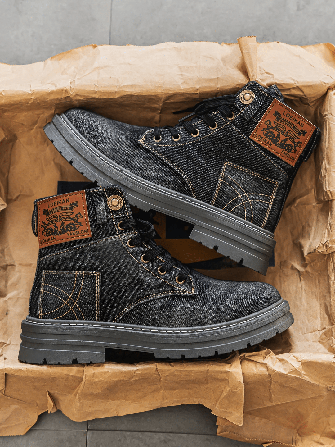 Men’s Lace-Up Denim Boots with Rugged Sole and Casual Street Style