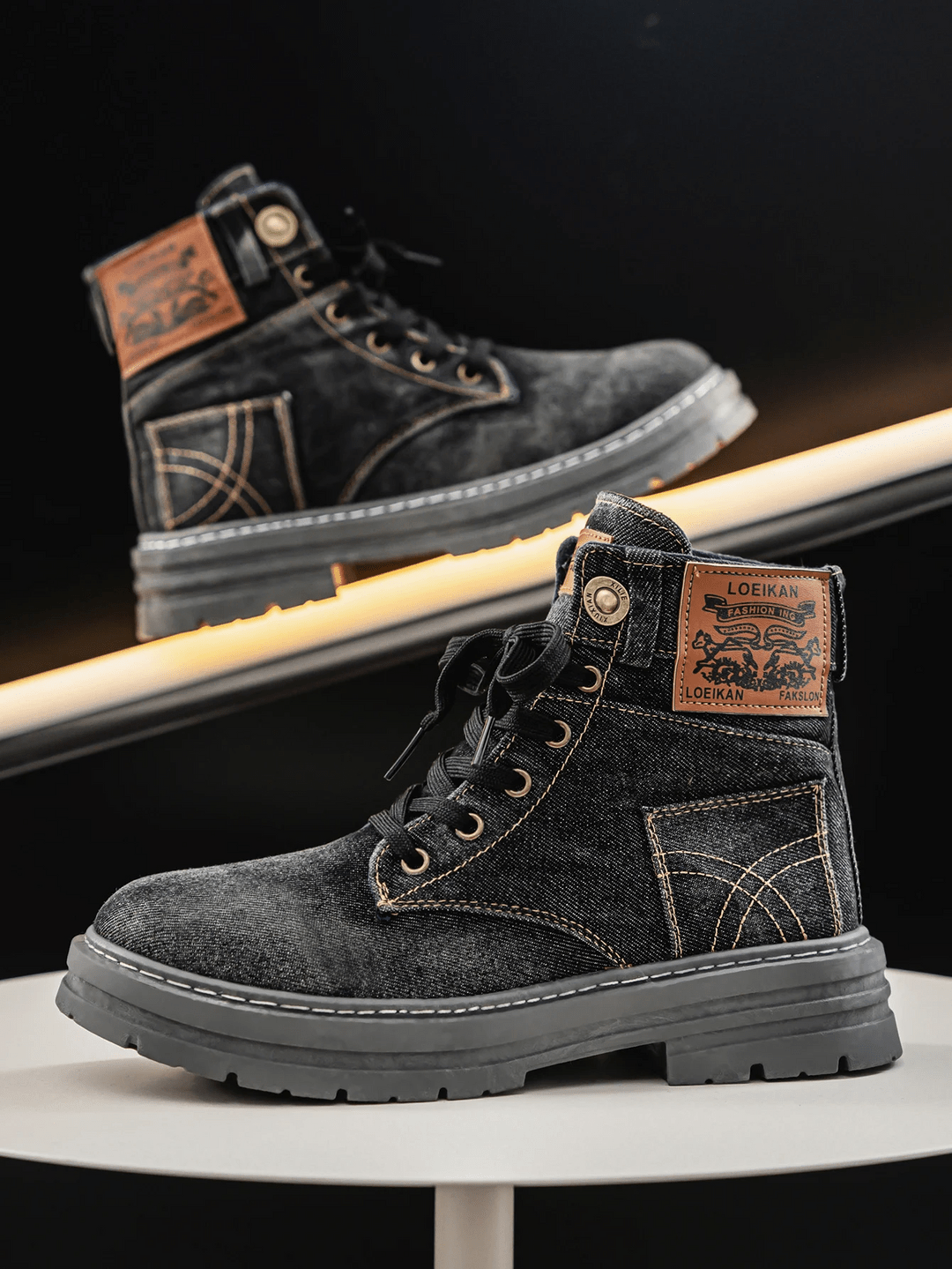Men’s Lace-Up Denim Boots with Rugged Sole and Casual Street Style