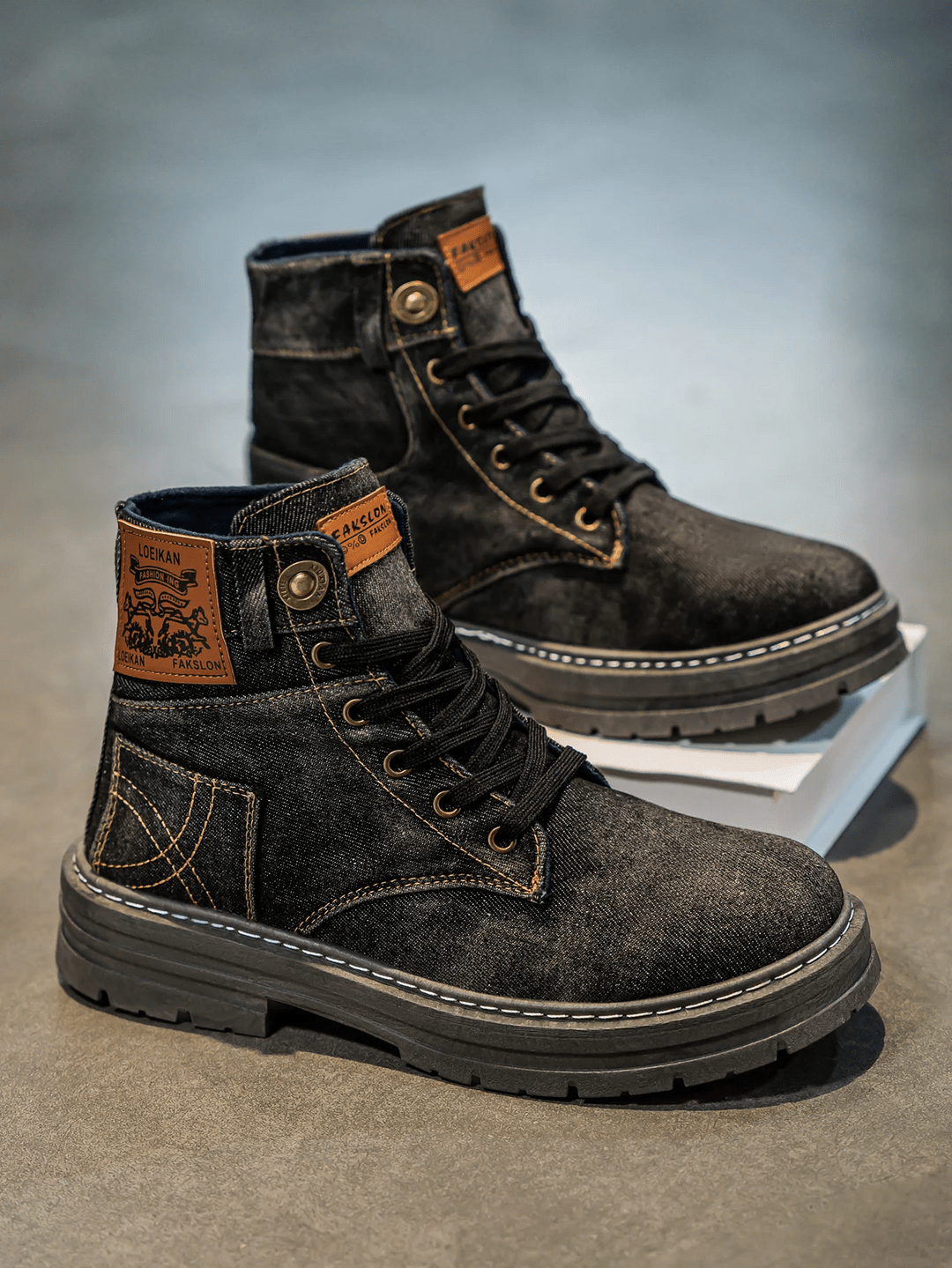 Men’s Lace-Up Denim Boots with Rugged Sole and Casual Street Style