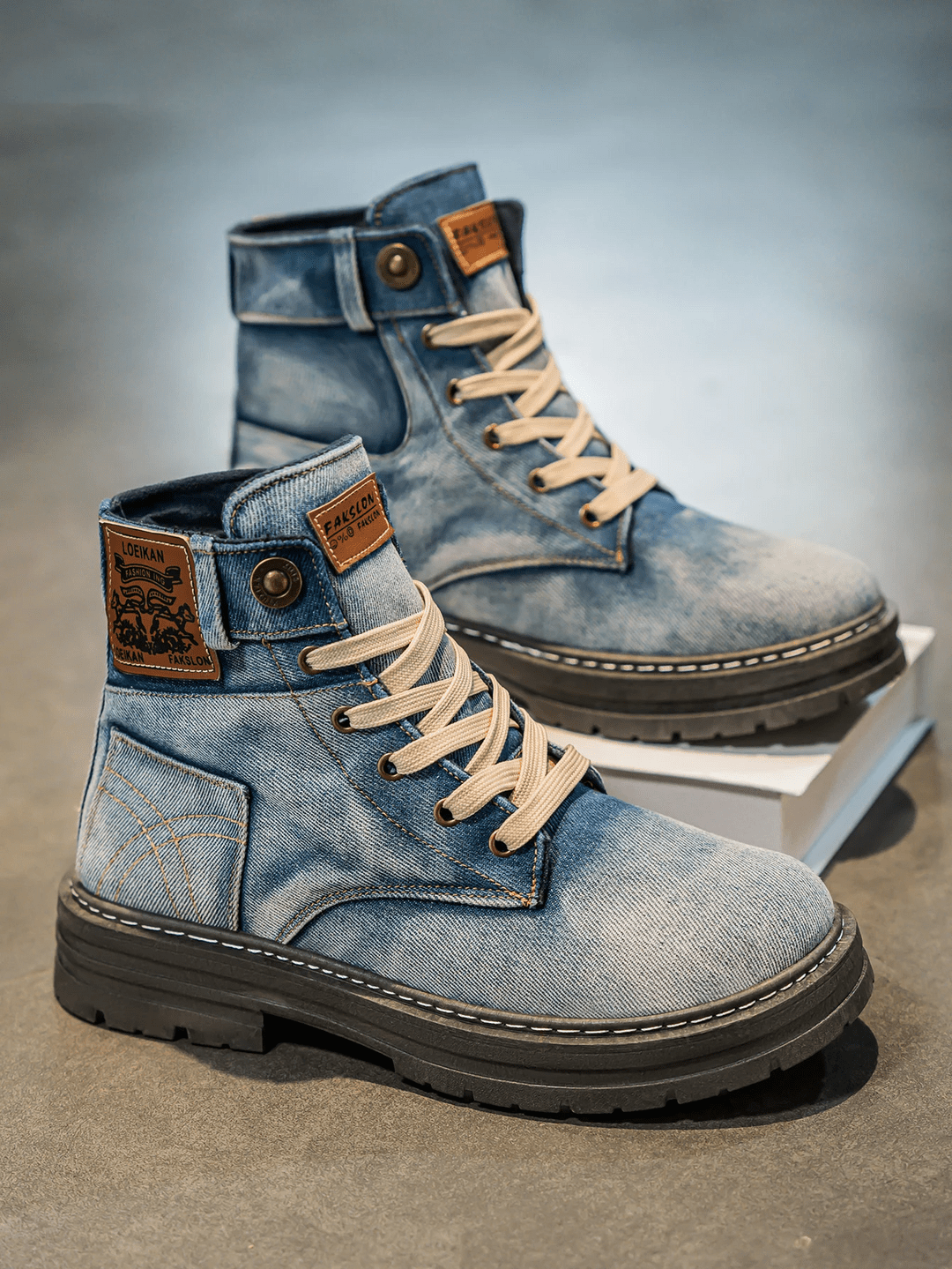 Men’s Lace-Up Denim Boots with Rugged Sole and Casual Street Style