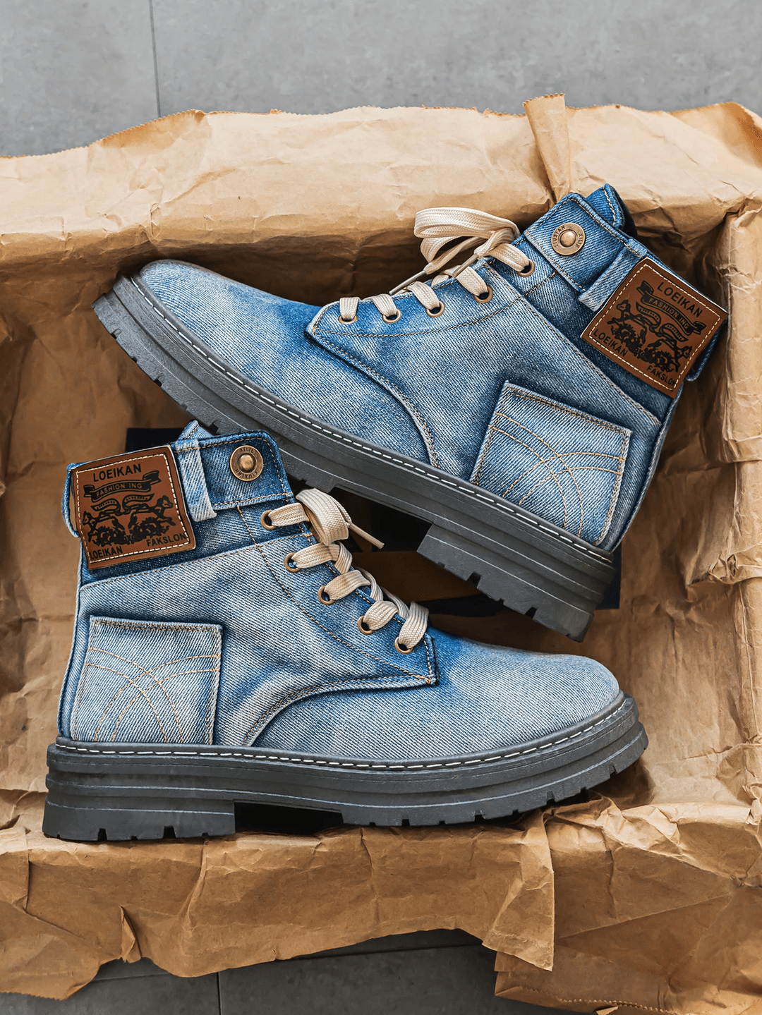 Men’s Lace-Up Denim Boots with Rugged Sole and Casual Street Style