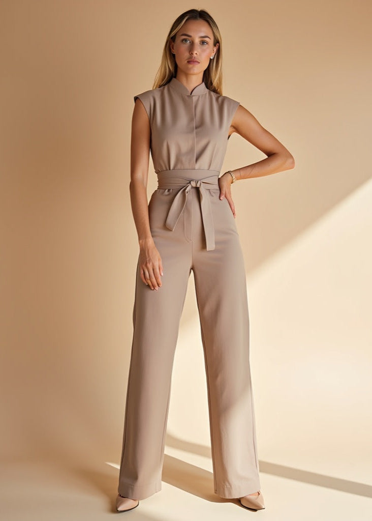 Women's Sleeveless Two-Piece Pants Set with Tie Waist Detail