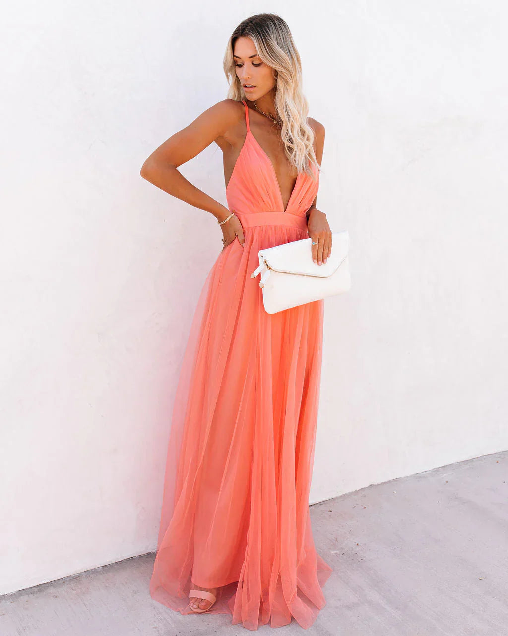 Women's Elegant Deep V-Neck Maxi Dress with Front Slit