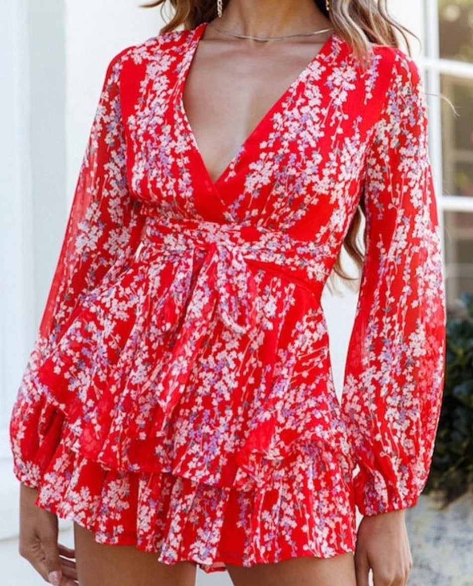 Women’s Long Sleeve V-Neck Ruffle Hem Jumpsuit with Layered Shorts