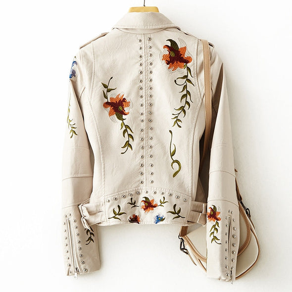 Women's Leather Jacket With Embroidery And Studs